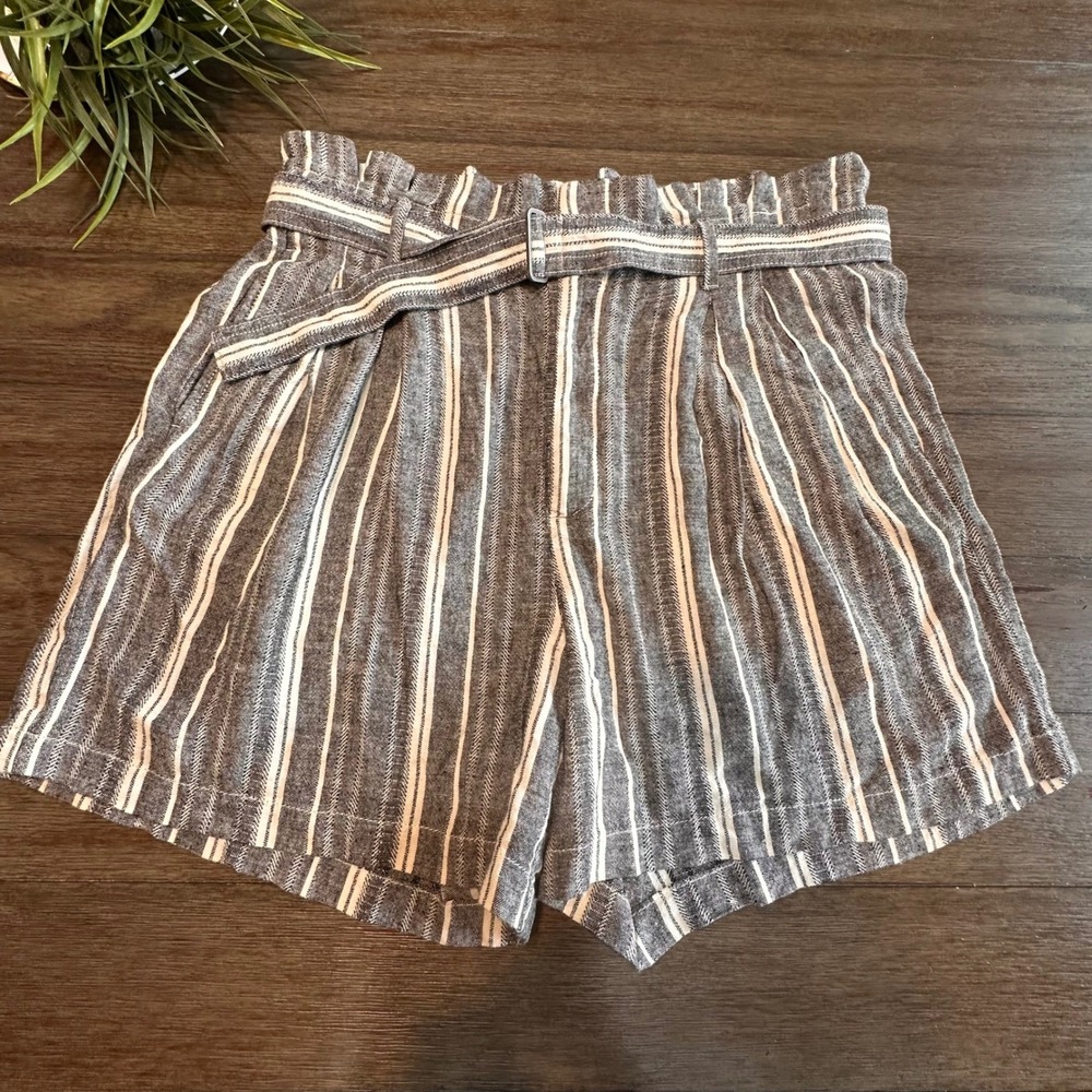 Banana Republic Womens Linen Blend Black Stripe Paper Bag Waist Shorts Size14